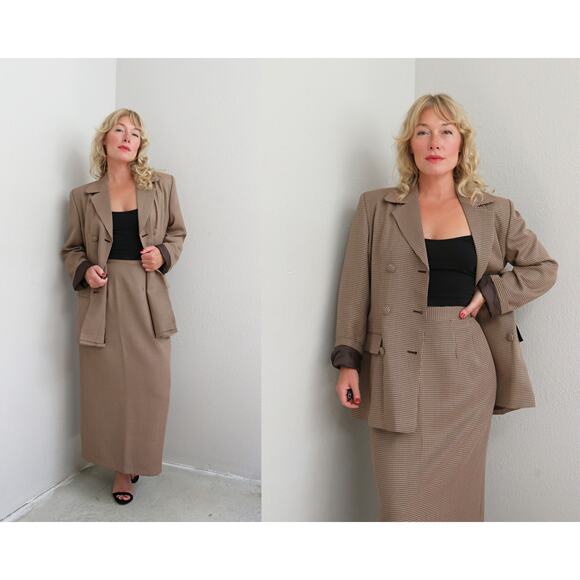 1980's Vintage Custom Tailored Houndstooth Skirt & Blazer Suit Set Women's MD LG - Picture 1 of 11